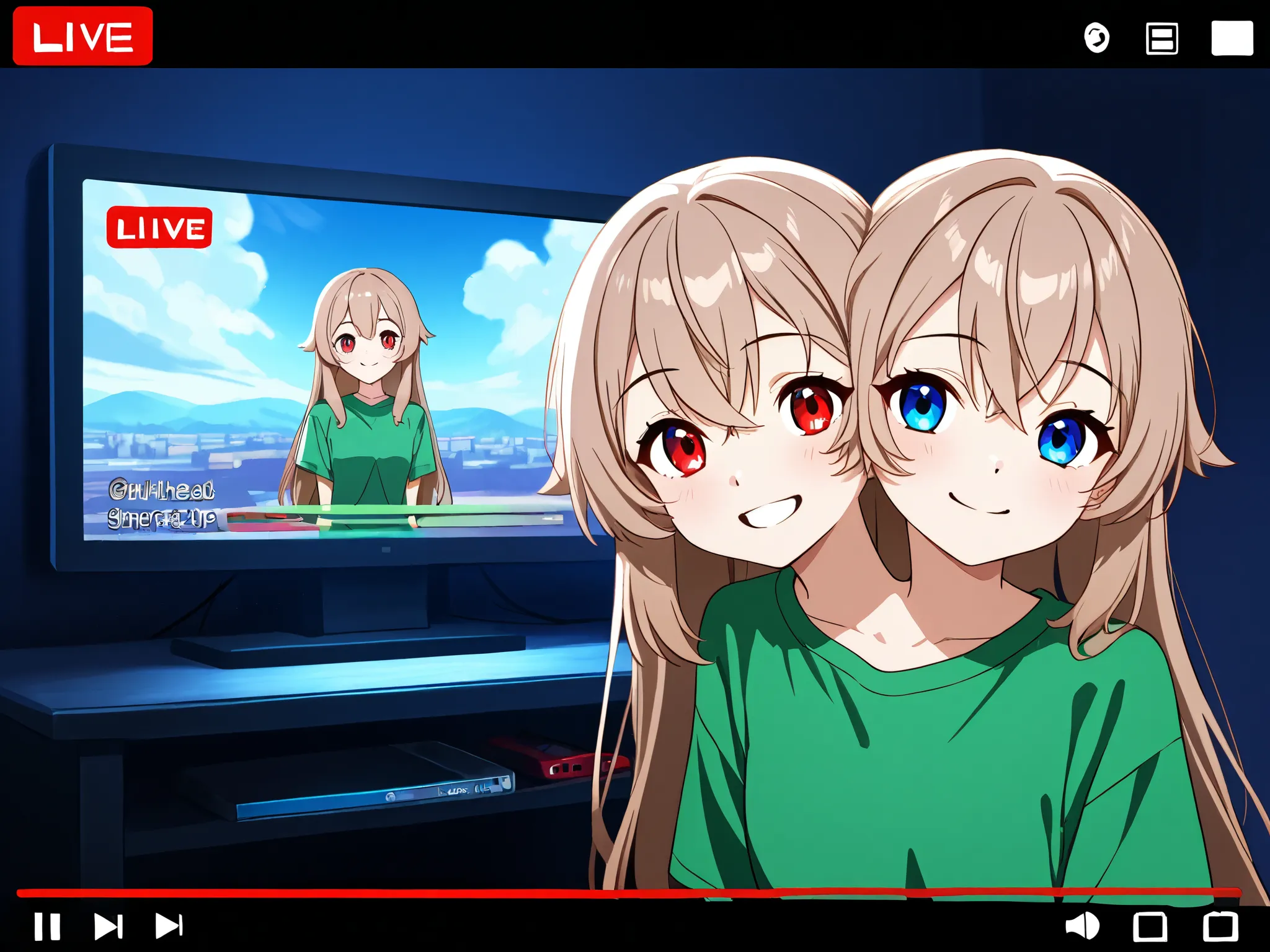 anime girl with two heads, vtuber, long light brown hair, right head has red eyes and left head has blue eyes, smiling, green t-shirt, superimposed over a video game screen, livestream