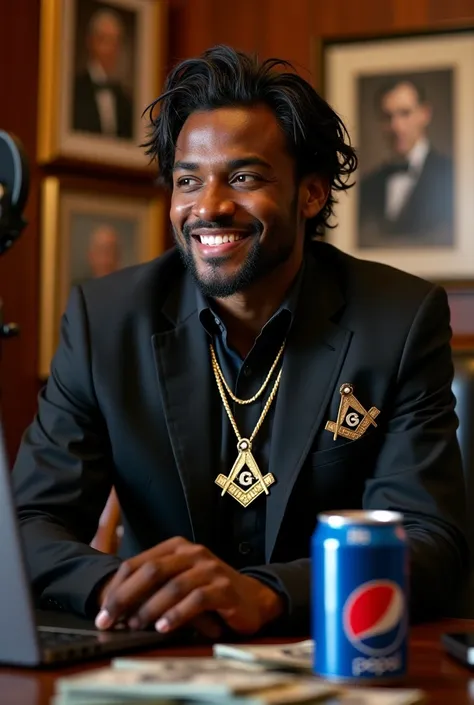 a handsome black man with wet hair, thick, looking forward, he is smart, smiling well, wearing a black suit with the Freemasons' logo, while in the Freemasons' office, mike is on his stand on the table, one of his hands is holding the mike, moving it near ...