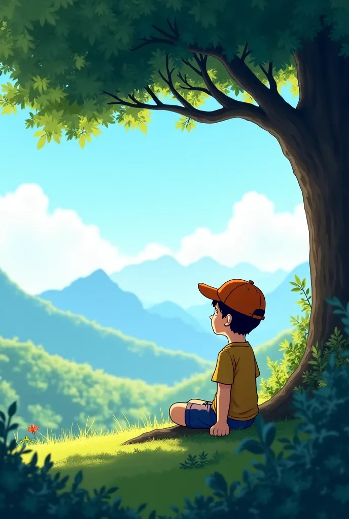 A Boy wering a cap siting peacefully down to the tree and looking to mountain Make the colorful image 