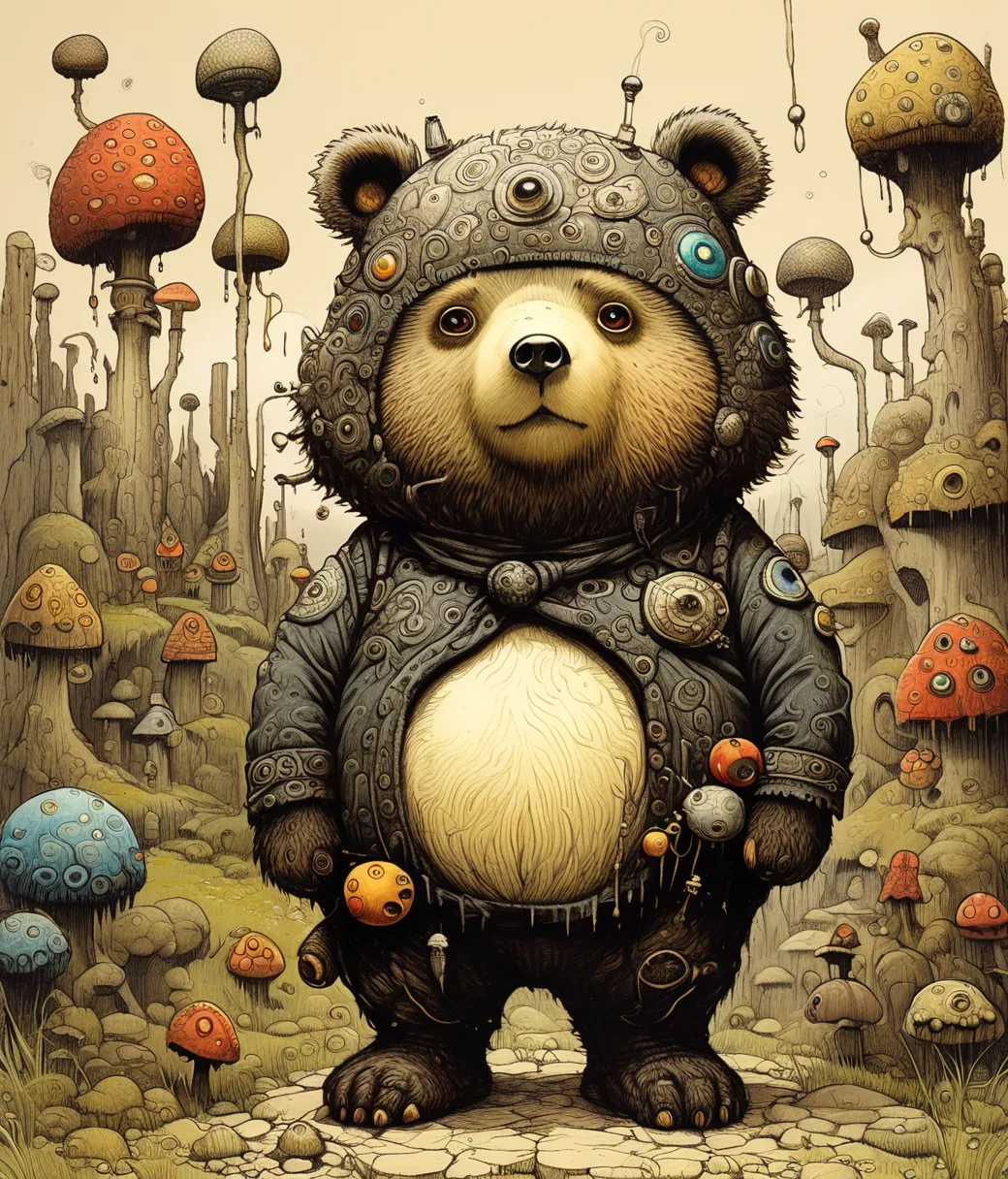 style of William Stout, (cute, chubby, male, bear), adorable, magical, fantasy, hires textures, highly detailed, intricate details, best quality, masterpiece, zPDXL3