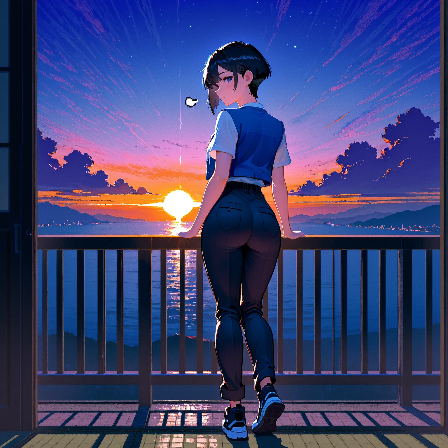 (((Masterpiece:1.3, Best Quality, hight resolution, nffsw, Perfect Pixel,  4K, nffsw, nffsw))), 1girl in, Chihiro, anime,  Japanese female junior high school student, alone, ennui, sunset sky, (((Asymmetrical short hair, black hair))), blue jacket, white s...