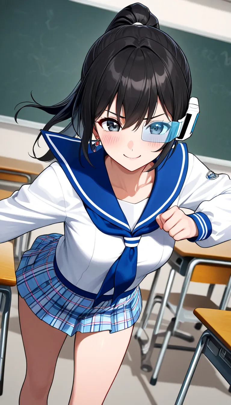 (beautiful girl : 1.3),1 girl,(sailor suit,plaid skirt,earrings,scouter), black hair,ponytail,smile, is embarrassing,blush,martial arts attitude,classroom, moving,Dynamic Angle,masterpiece,Highest quality,super high definition,Rich Contrast,high image qual...