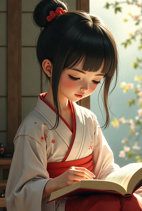 Create an image of a age girl sitting reading a book as an Asian