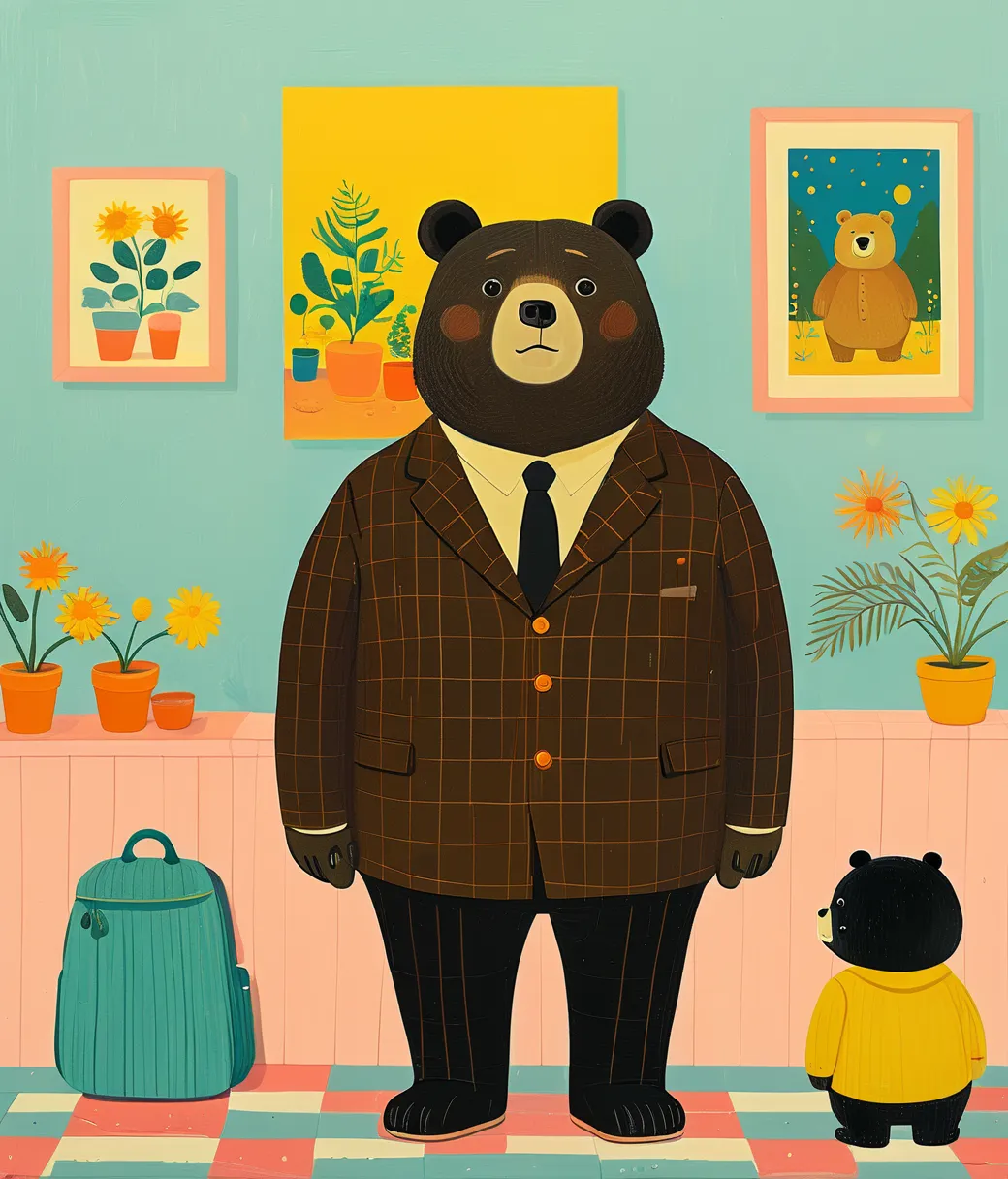 style of Joan Cornella, (cute, chubby, male, bear), adorable, magical, fantasy, hires textures, highly detailed, intricate details, best quality, masterpiece, zPDXL3