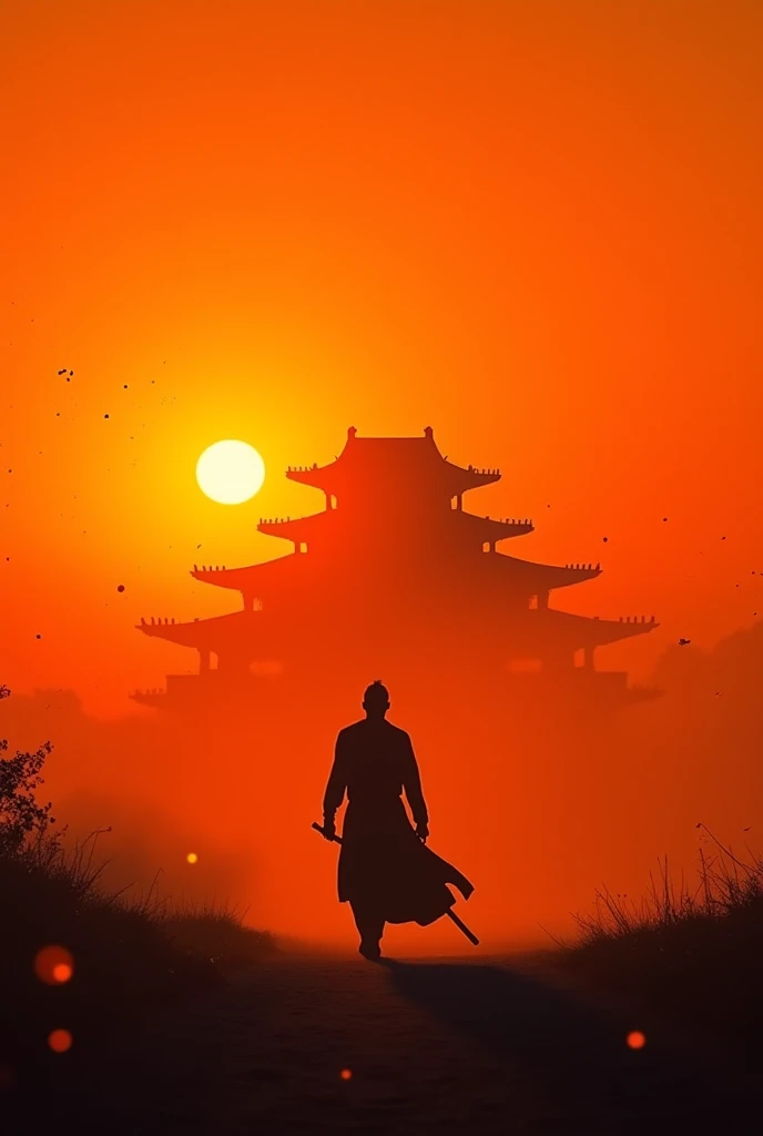 Epic sunset battlefield landscape, silhouette of warrior holding book walking toward burning ancient Chinese temple, flying ash particles, long dramatic shadow, orange and black color grading, cinematic wide angle shot --ar 9:16 --v 6.0