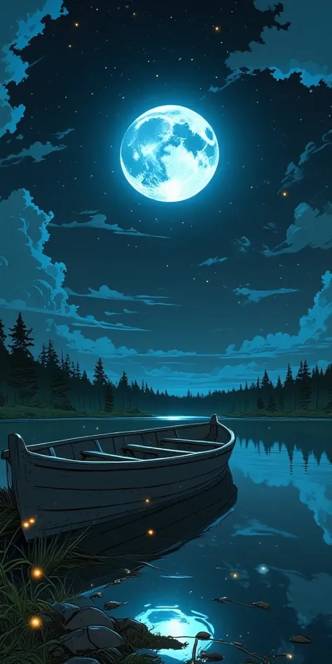 "An old wooden rowboat resting near the edge of a tranquil lake under a moonlit sky. The water is completely still, reflecting the scattered clouds above. Fireflies hover around, and gentle ripples form near the boat, adding a touch of mystery and calmness...