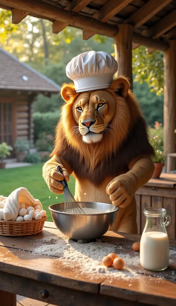 Now wearing a white chef’s hat, the anthropomorphic lion stands upright at the same rustic wooden table in the outdoor kitchen. It is energetically whisking a mixture of eggs, flour, and milk in a large metallic mixing bowl. The lion’s powerful right paw g...