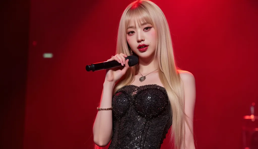 Korean make up ,blonde long shiny straight hair , black red dresss , pale skin , glowing make up  , on stage, concert lights , concert outfit , ผมพริ้วไหว , western make up , no bangs , blonde hair