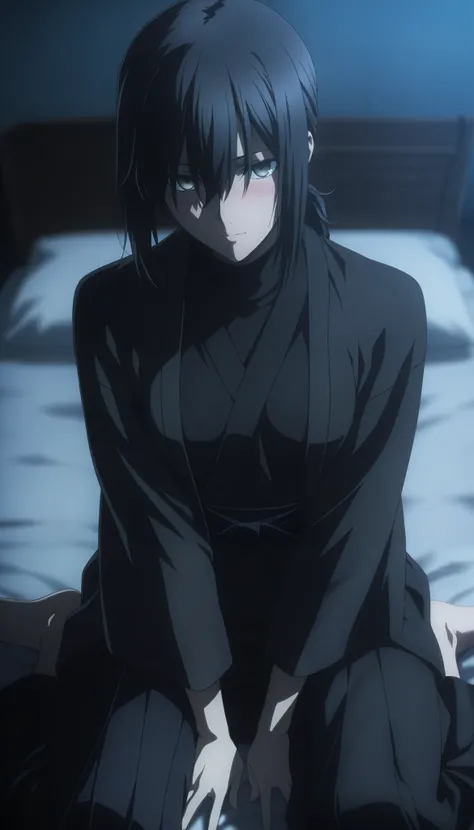 masterpiece, best quality, amazing quality, highres, absurdres, very aesthetic, high resolution, ultra detailed, perfect details, midnight, , upper body, indoors, ufotable style, ((blue hour)), (from above),
1girl, solo, ufotable style, anime style, (...