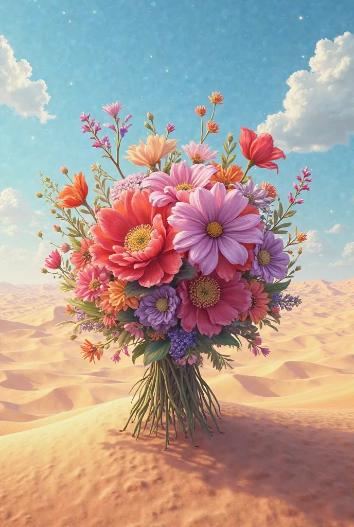 Magical bouquet of flowers on an Egyptian desert background,  with a blue sky  