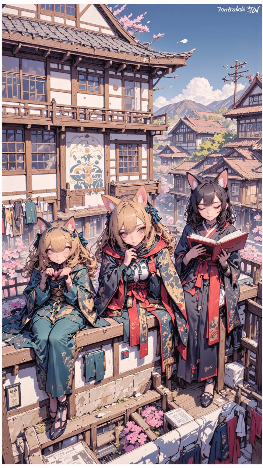 Three girls with dog ears,kimono cloak on me,Sitting on the balcony,read,I'm happy,Edo period house,Clothes in the garden,Cherry blossoms,Ukisei painting style,The signature ,Chibi Characters