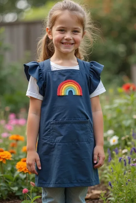 Navy blue kindergarten technician garden apron with a small rainbow in the middle and with ruffles on the sides of the shoulders 