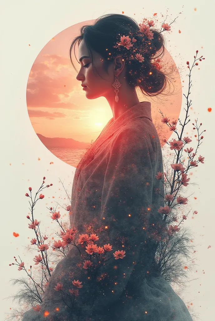 high quality, 8K Ultra HD, A beautiful double exposure that combines an goddess silhouette with sunset coast, sunset coast should serve as the underlying backdrop, with its details incorporated into the goddess , crisp lines, The background is monochrome, ...