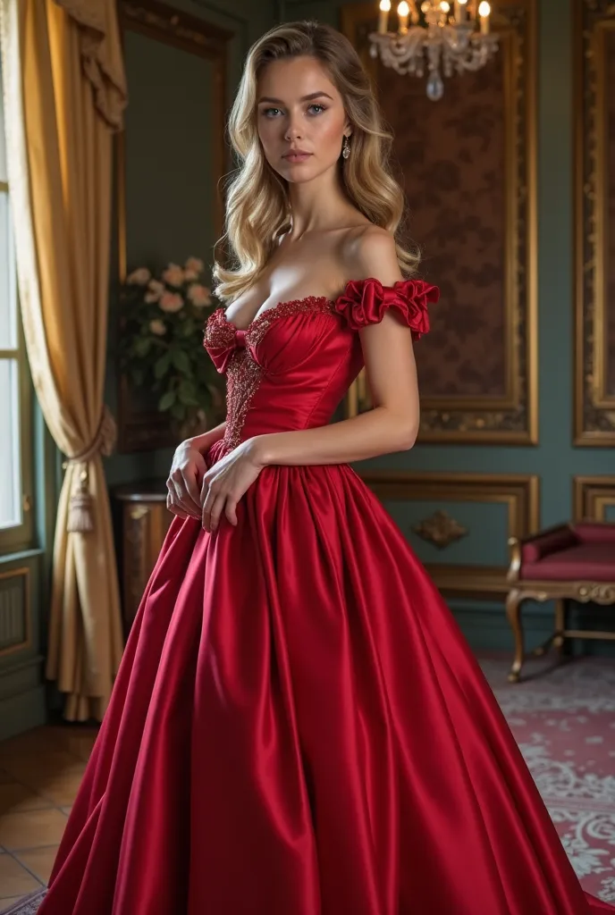 Une belle jeune femme aux yeux vert. Elle a des cheveux lisse et châtains. Un très jolie visage. Elle mesure 1m73. Sa taille de seins est 90D. Elle a de jolies petites fesses rebondit. Elle porte une belle robe rouge de princesse avec des talons rouge. On ...