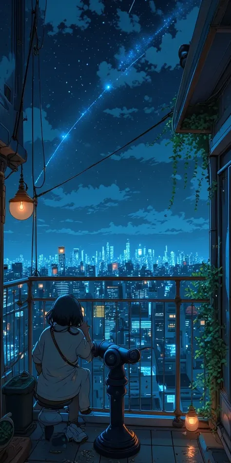 "A small anime-style rooftop terrace with a telescope, overlooking a vast night sky filled with stars. A soft breeze moves the curtains of an open window behind, and the city lights twinkle far in the distance. The atmosphere is peaceful, capturing the bea...