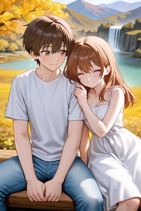 A boy with a girl sitting together and looking at each other in background moutains and falling water 