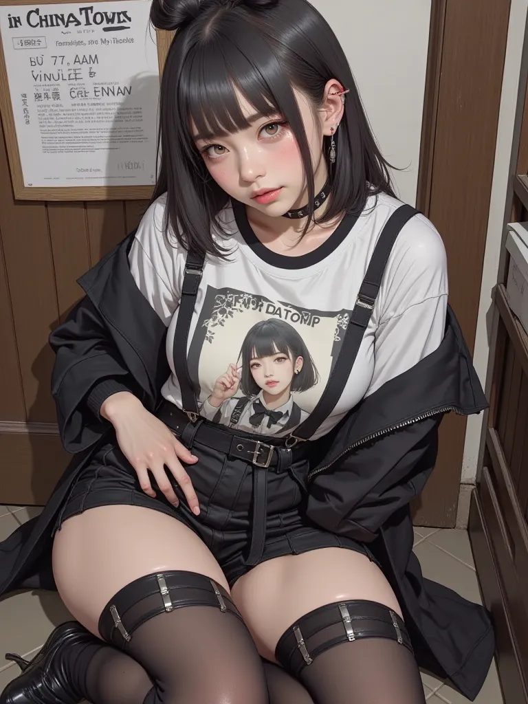  Japanese woman wearing a crunchy pop t-shirt、Smooth and dark image,    Anime Girl, 現実の  Anime Girl, Bopp Illustration、
(In Chinatown:1.5)、

Big Breasts、 thighs are thick、pointing her butt in a provocative pose、  Blue Eyes,  dark makeup, Dutch Angle,  ligh...