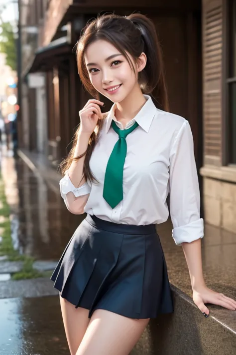 Masterpiece,  best quality ,  Official Art, ( Highly Detailed CG Unity 8K Wallpaper ),  detailed background,  Foot frame off ,  first-person view, 1,   beautiful woman charming and perfect,  high school girl, ＪＫ,  high school girl Uniform, Rainy Day, Lots ...