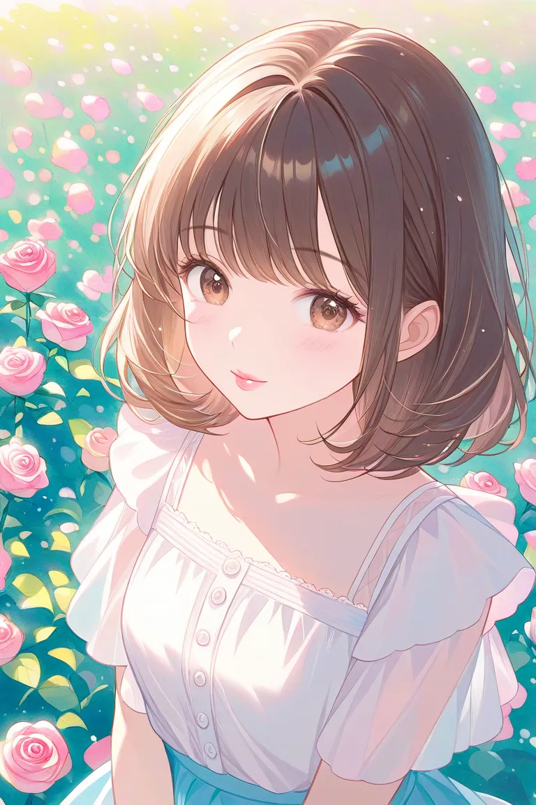 Cute girl、Nemu Nemu😪、pastel colors、 white、watercolor、1 girl、 cute face 、 cute、Half Body、Rose flower field、 Caramel Brown Hair 、Straight Long、 brown eyes 、wink、 white blouse、skirt、pink cheeks、small lips、pink lips、 from afar、