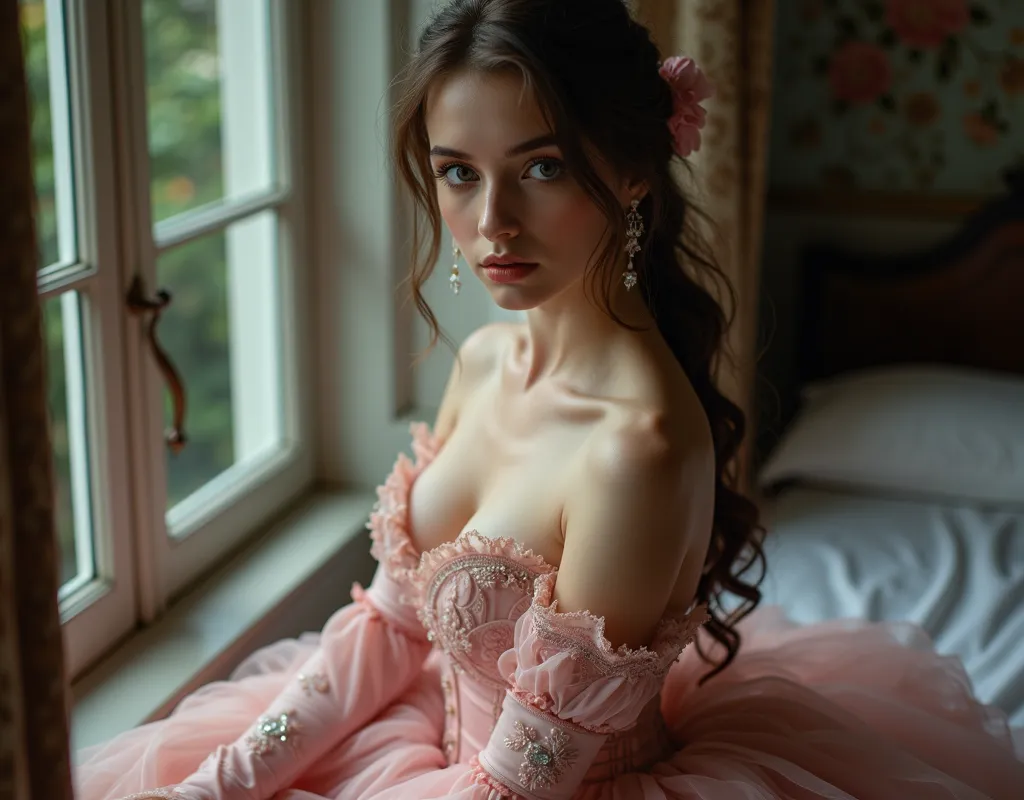 High quality, high definition photo of a very beautiful slender young pretty woman in a pink dress sitting on a window sill, with opened nice grey eyes, romantic dress, elegant corset, dress in the style of rococo, wearing an elegant dress, dressed in a pi...