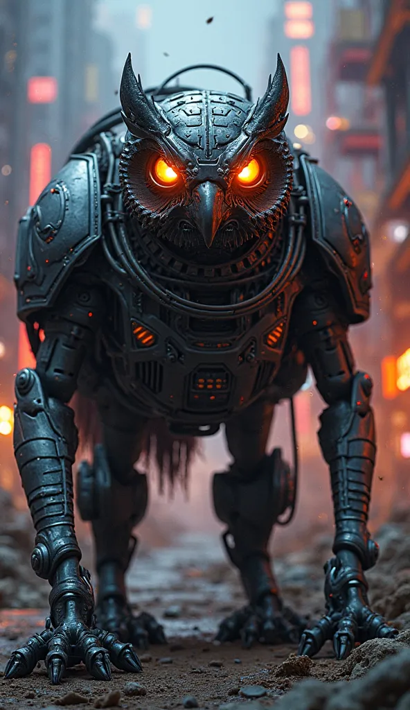 A futuristic industrial excavator inspired by an owl, named Owl Night-Operator. The vehicle has a silent, stealthy design with a front resembling the head of an owl, featuring large glowing infrared eyes. It is equipped with a high-tech night vision system...