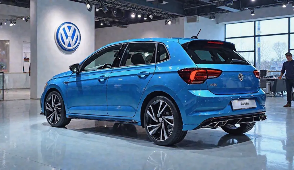 The image depicts the full side view of 2025  ( Volkswagen polo)  (blue ) clour. in a futuristic, well showroom and back ground well logo(Volkswagen) . full great size with Good's walls and  highlight 56k.