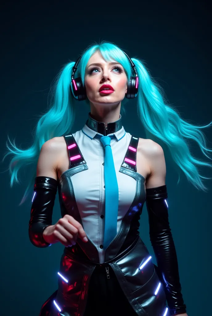 "A breathtaking, ultra-realistic cosplay of Hatsune Miku with the 'Miku Magic Night' outfit. The cosplayer is a beautiful young woman with fair skin, large turquoise eyes, and long, silky electric blue twin-tails that flow dynamically. Her bangs are styled...