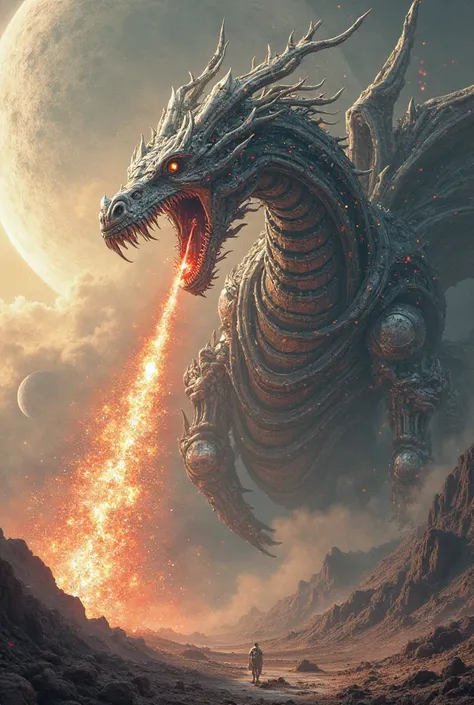 show me a massive glowing cyborg dragon the size of a planet shooting a plasma