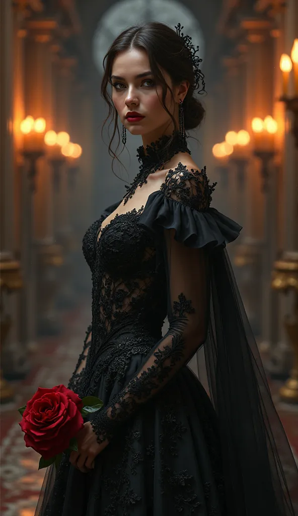 A queen in a form-fitting black lace gown, standing in a candlelit palace, holding a red rose.