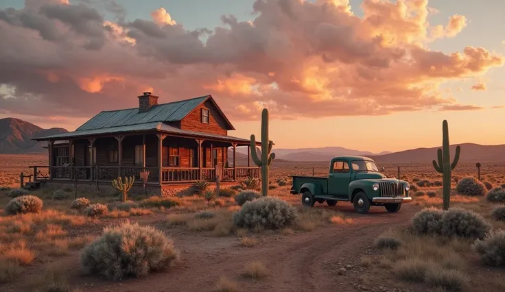 A secluded ranch, lost in the vast expanses of the American southwest. A wooden house with a wide veranda, a rickety fence, an old pickup truck parked nearby. The evening sun colors the sky in shades of orange and pink. Hills and rare cacti are visible in ...