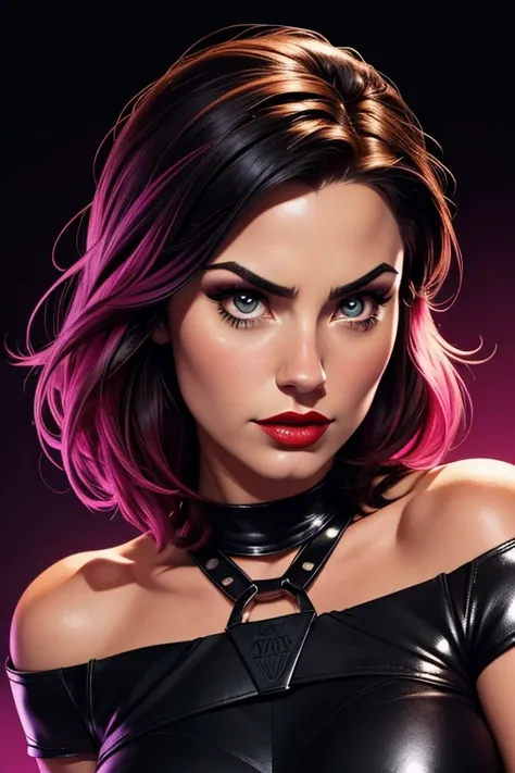 A portrait of a beautiful female whose facial features are a combo of Demi Lovato + Grace Phipps + Shannyn Sossamon. The female's hair is untied and hangs loose. The female wears a pink off-shoulder short-sleeve shirt and black leather pants and black high...