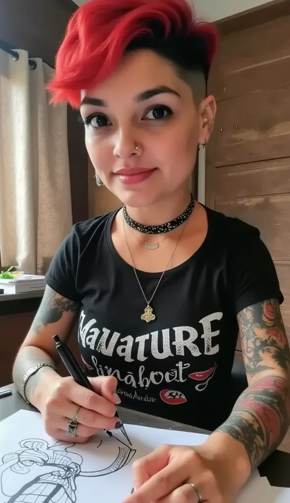  Disney cartoon Happy 40-year-old tattoo artist with red hair Pixie cut with brown eyes with tattoos on her body wearing a black t-shirt with the words "ArtesaNature" written in it in font with capitular initial  &  body tattoos sitting in front of a table...