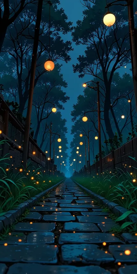 "A narrow stone pathway lined with glowing paper lanterns, leading into a dense forest. The warm golden light of the lanterns contrasts with the deep blue shadows of the trees. Fireflies dance around the path, creating a mystical and peaceful atmosphere."