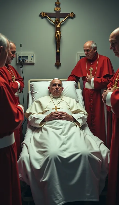 An emotional scene inside a hospital room where Pope Francis is lying in a hospital bed, slightly propped up, with his eyes open. Although he appears tired and weak, he maintains a serene and attentive expression. He is dressed in his traditional white cas...