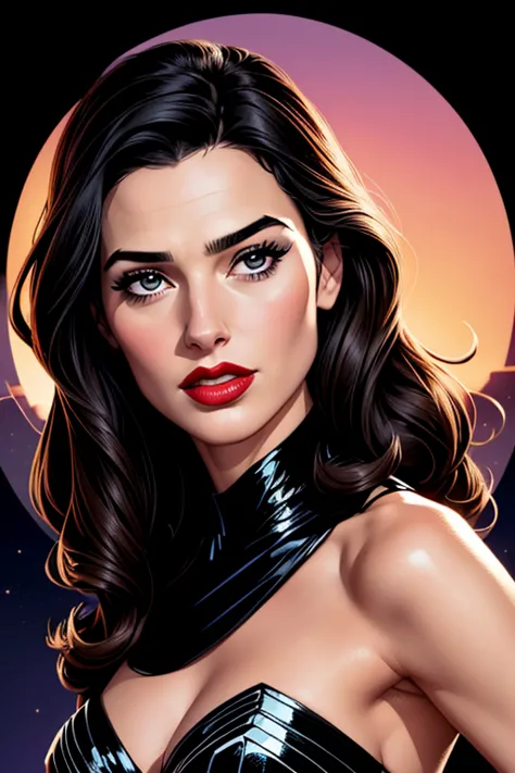 A portrait of a beautiful female whose facial features are a combo of Nigella Lawson + Gal Gadot. The female's hair is untied and hangs loose. The female wears a sparkly black evening dress and black high-heeled shoes. The female has lovely makeup on her f...