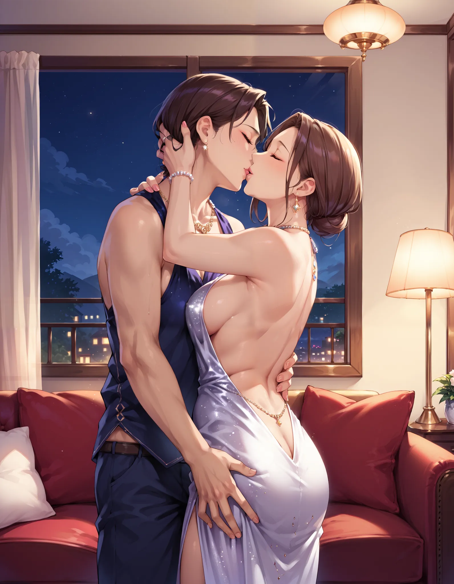 pub backless fashion design dress wearing a sexy and revealing dress, Without  score_9,  score_8_up,  score_7_up,  source_anime, 1boy, 1 girl,  mature woman in sexy revealing dress , necklaces,  mother and son,  ,  Kissing  ,  romantic, night, living room,...