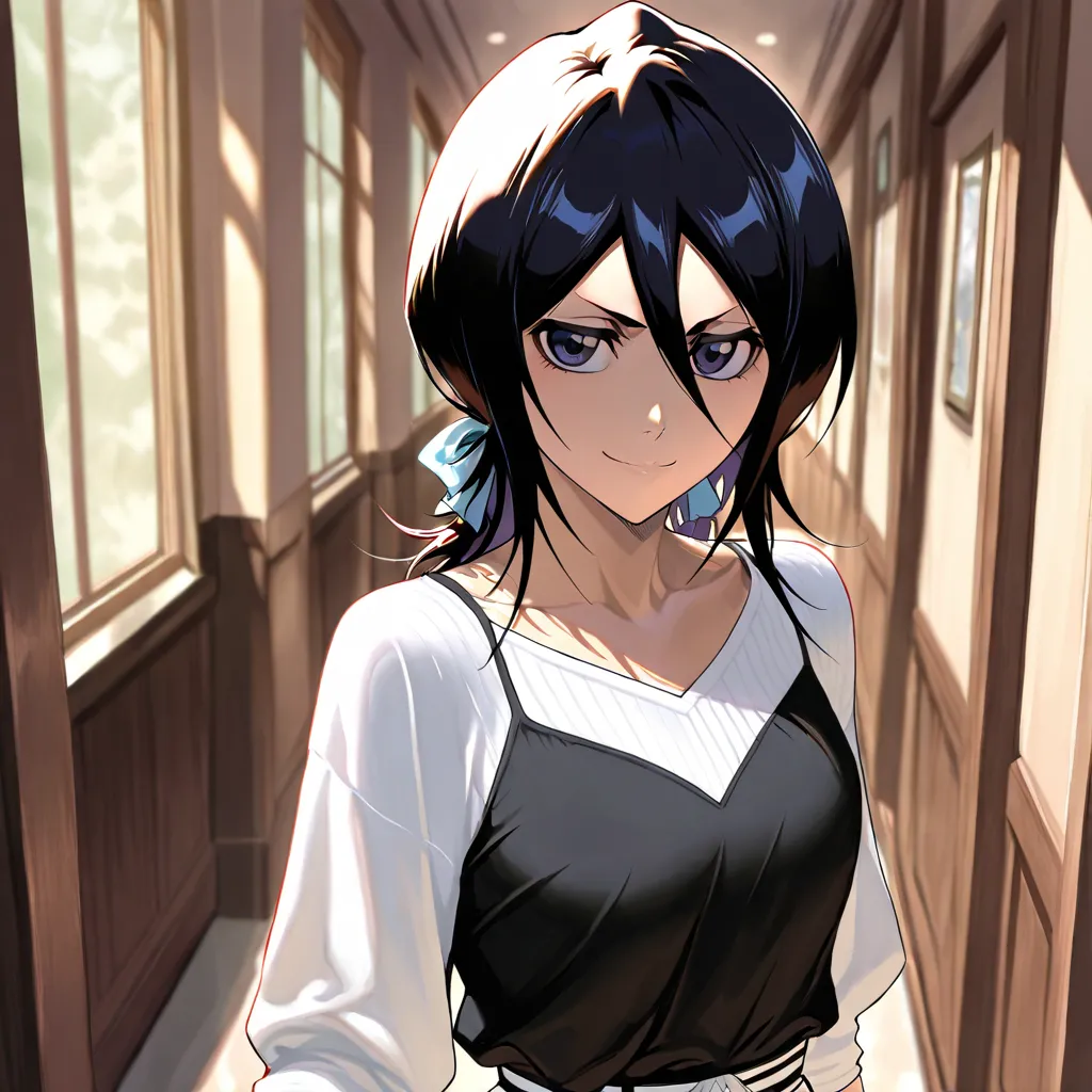 Stunningly attractive woman, Rukia Kuchiki, Bleach, High Resolution, Masterpiece, glistening, impeccable physical shape, casual clothing, different hairstyles, different clothing, different clothing styles, different clothing, Solo, 1girl, small smile, lon...