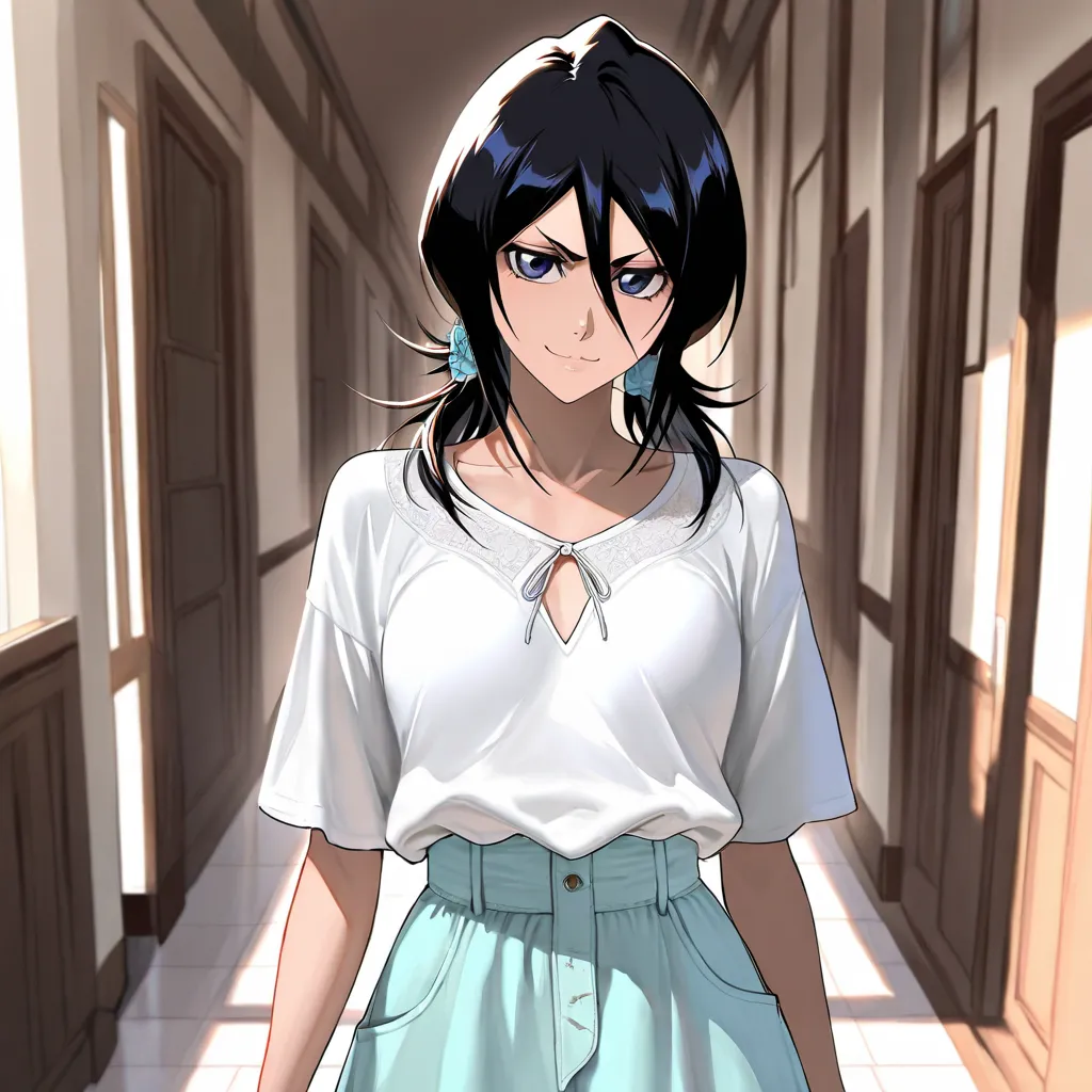 Stunningly attractive woman, Rukia Kuchiki, Bleach, High Resolution, Masterpiece, glistening, impeccable physical shape, casual clothing, different hairstyles, different clothing, different clothing styles, different clothing, Solo, 1girl, small smile, lon...