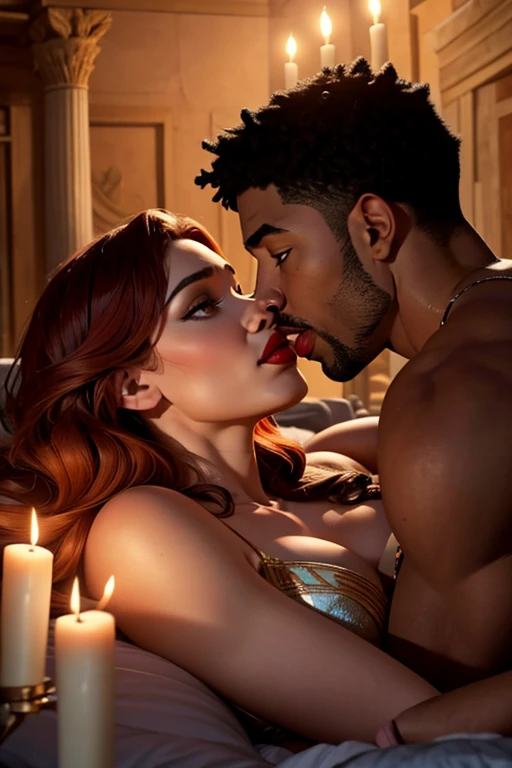 Caucasian actress Camryn Grimes and African American actor Michael B. Jordan sharing a steamy and passionate kiss inside an Ancient Rome-style bedroom lit only by candlelight. Both look happy and in love with each other. Both are attired in Ancient Rome cl...