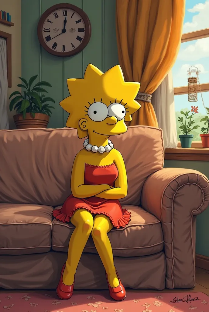 Lisa Simpson sitting on the couch cross-legged wearing high heels 