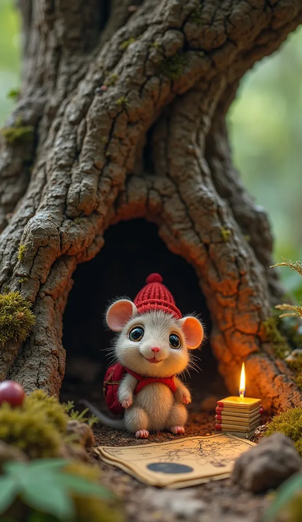 A small, adventurous mouse with big, curious eyes and a tiny backpack sits in a cozy burrow under the roots of an ancient oak tree. The burrow is decorated with tiny furniture made of matchboxes, a candle for light, and a map with a drawing of the moon. Th...