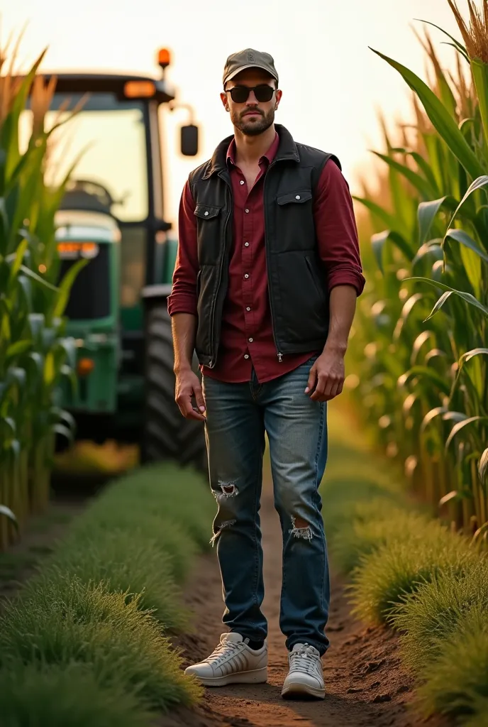 A young man in a dark red shirt, a vest, a cap, white sneakers and jeans. He is a light-skinned European with a strong build, wearing sunglasses and a cap. He is standing in a corn field next to a large tractor The green-colored young man is not fat, but a...