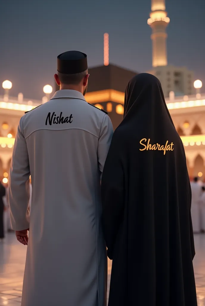 A beautifully designed, realistic Islamic-themed image featuring a husband and wife standing in front of the Kaaba in Makkah. The husband is wearing a traditional white Islamic outfit, and the wife is dressed in a black burqa. The wife's burqa has 'Nishat'...