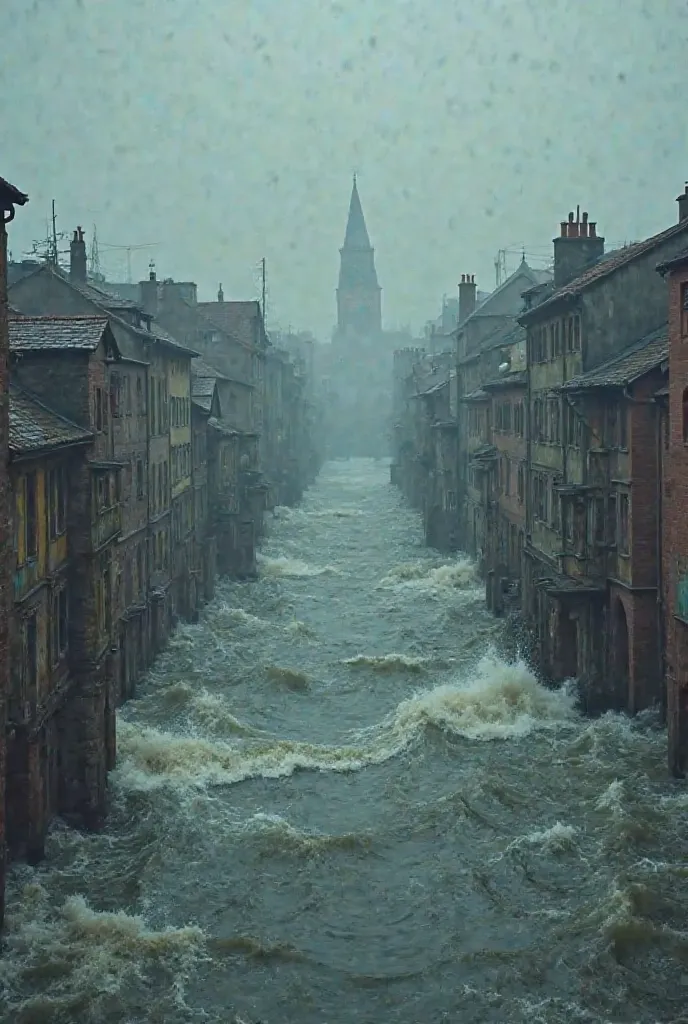 Emplacement : Une vue atmosphérique des inondations.

📌 Description :

• A snapshot of the flooded old town, les toits ne se montrent que.

• Huge waves crash, les gens crient et essaient de survivre.

•	 Une photo de l'arche de Noé naviguant au milieu des...