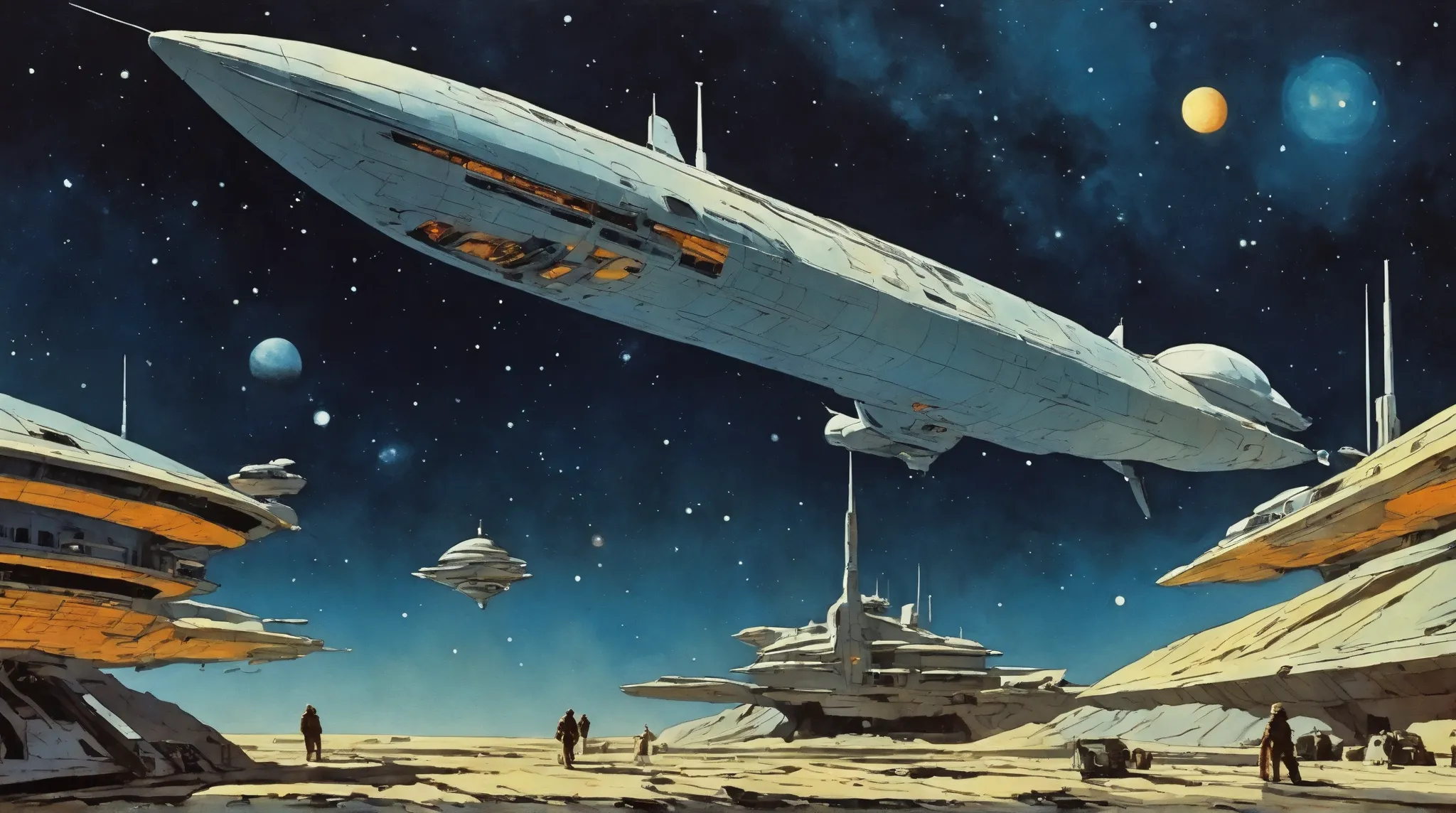 Moebius (Jean Giraud) Style - A picture by Jean Giraud Moebius, Spaceship taking off towards deep sky, Impressive retro-future Spaceship, galaxy, Distant nebulas in the background. In Moebius' signature style with sharp detailing and vibrant colors. Shot w...