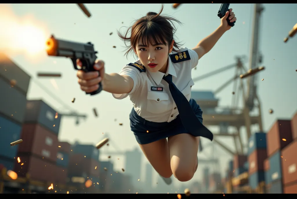 sexy beautiful Japanese woman, a self-defense officer uniform, wearing a white short-sleeve shirt, navy tie, navy pencil mini skirt, sexy black patent high heels, Beautiful hip-line, Beautiful thighs, A woman diving high forward while tilting sideways, sho...