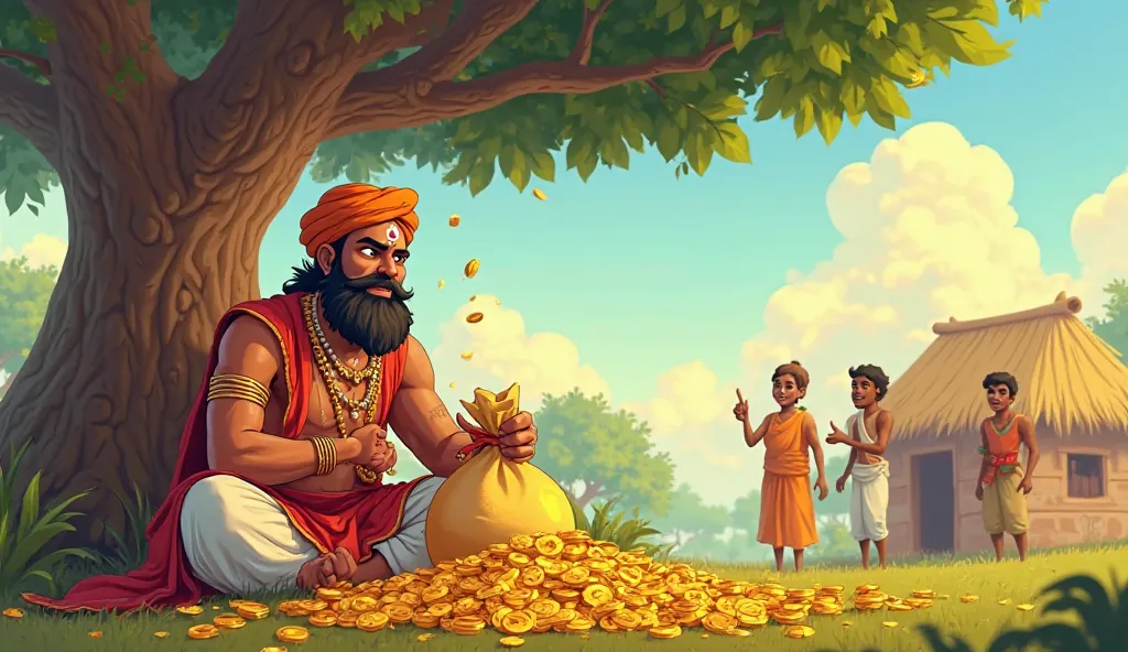 Thumbnail AI Prompt (YouTube Ratio - 16:9, Without Text):

"Create a vibrant and eye-catching YouTube thumbnail in a 16:9 rectangular aspect ratio for a moral story. The central character should be a greedy Brahmin sitting under a large tree, holding a bag...