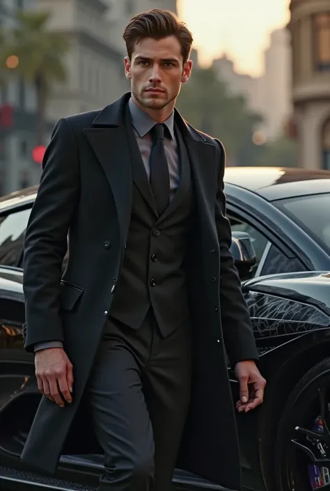 a 25 year handsome man wearing black coat suite closeup look,business look,walk from his luxury car, mercedes benz- mc larren Supercar
