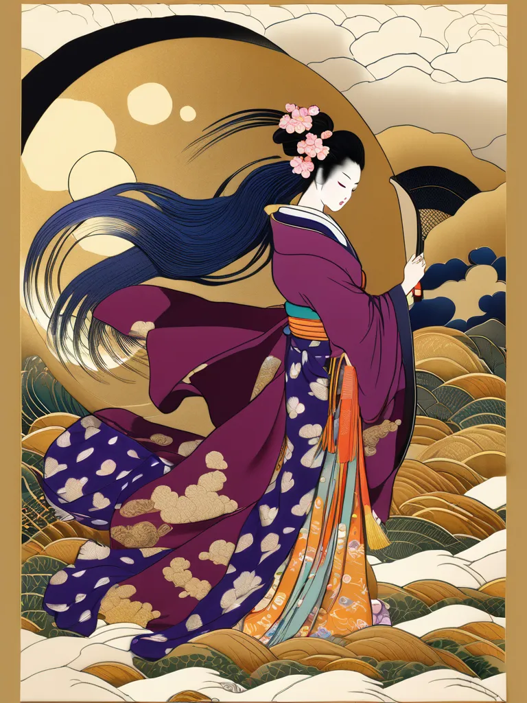  ukiyo-e、high detail, Ultra High Definition, high definition model, Hi-Res, 8k、Beautiful woman in kimono holding a fan in a golden cloud、With the full moon on your back、Hold a big fan、A splendid beauty 、purple and golden kimono、long hair, 