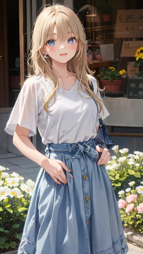 a woman standing in front of a flower garden wearing a white top and blue skirt, japanese clothes, casual modern clothing, modern casual clothing, kawaii shirt and jeans, skinny waist and thick hips, casual clothing style, transparent gray skirts, full bod...